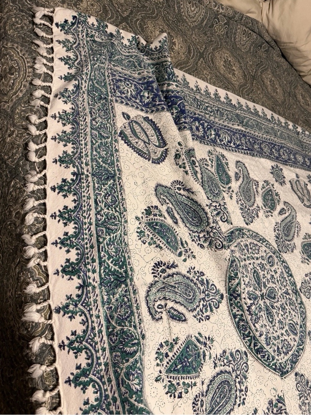 ANTIQUE Esfahan Iran Hand Block Painted Ghalamkar Cotton Fringed (53”x78”) - Picture 8 of 15